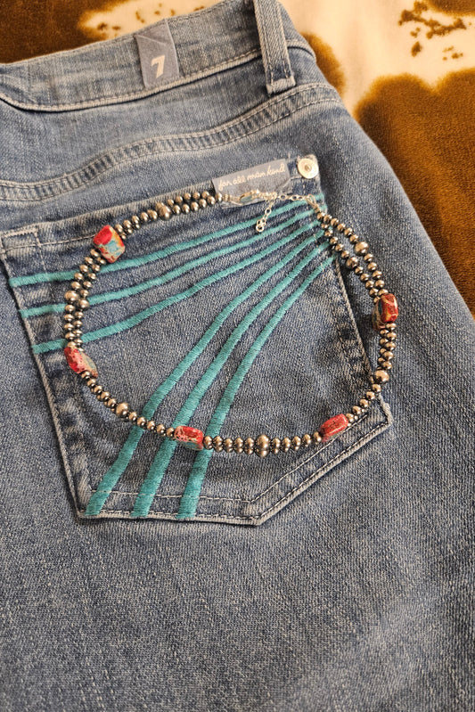Pink/Turquoise Double Strand Necklace - 13" Beaded - Sterling Silver Pearls & Rectangle Variscite