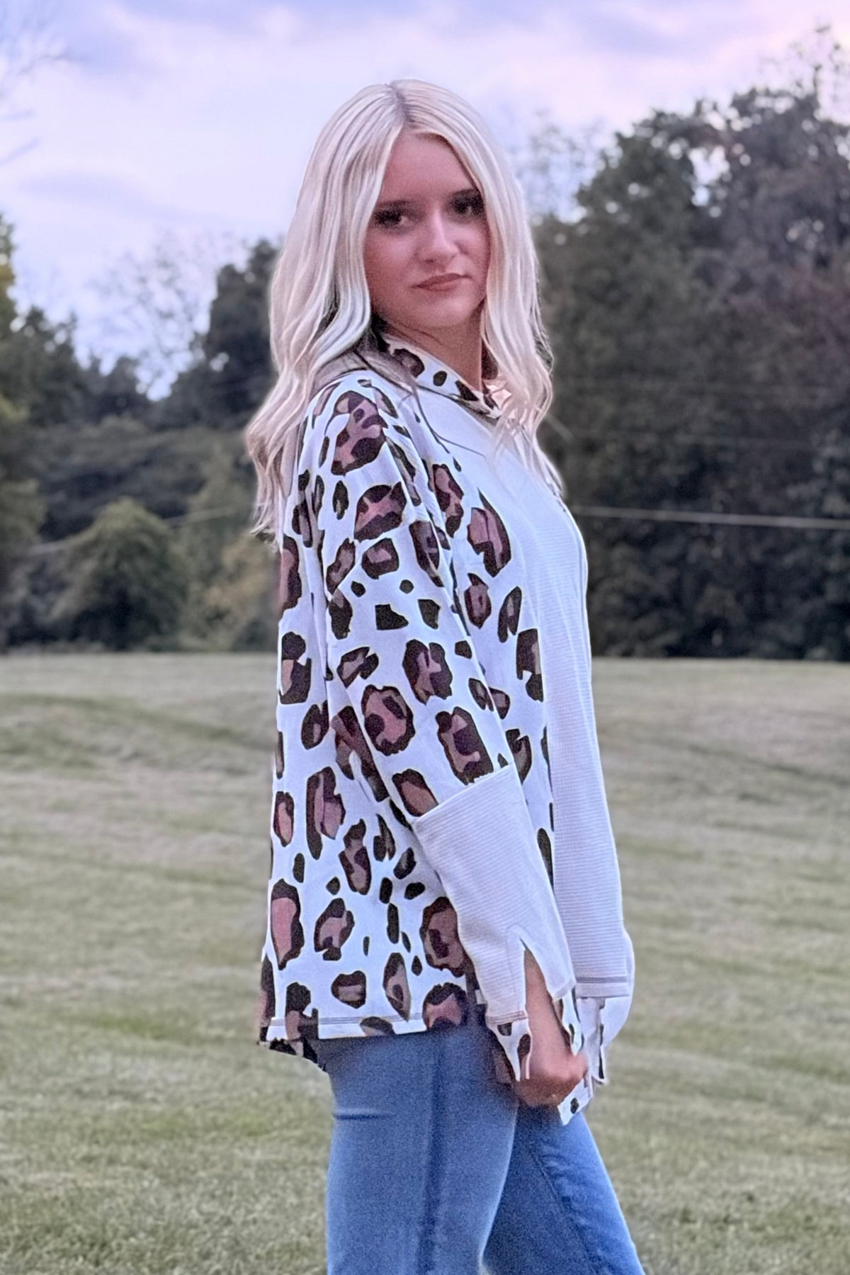 Apricot Oversized Leopard Patchwork Zip Up Drop Shoulder Hoodie