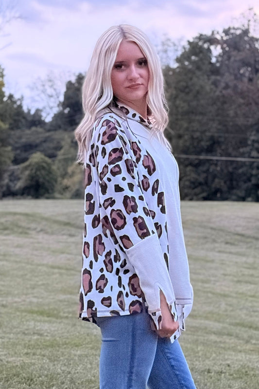 Apricot Oversized Leopard Patchwork Zip Up Drop Shoulder Hoodie
