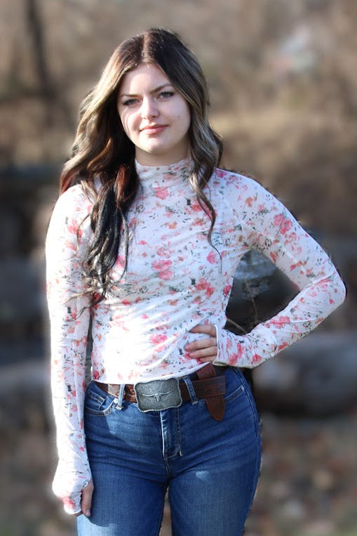 Pink Floral Mesh Long Sleeve