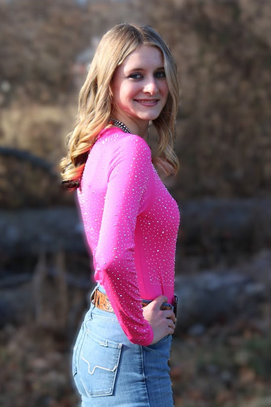 Hot Pink Rhinestone Long Sleeve Bodysuit