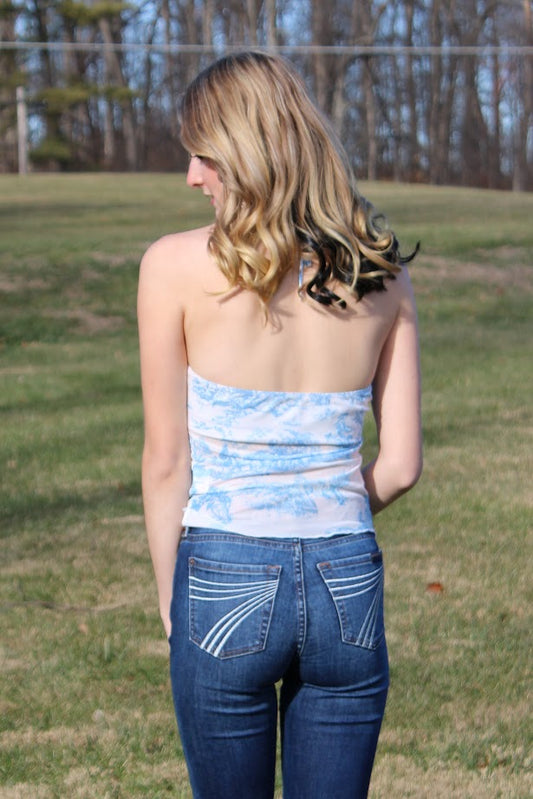 Sky Blue Vintage Printed Halter Neck Tank