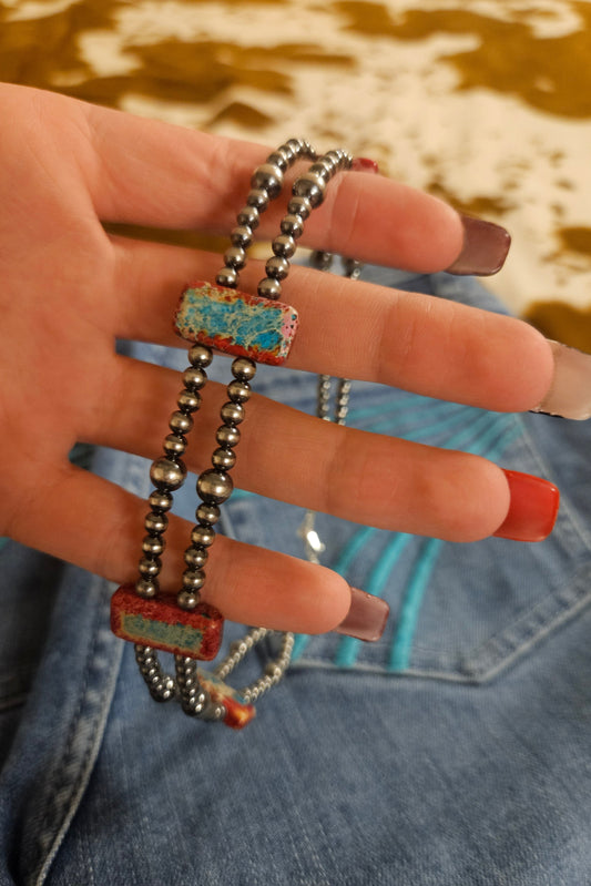 Pink/Turquoise Double Strand Necklace - 13" Beaded - Sterling Silver Pearls & Rectangle Variscite