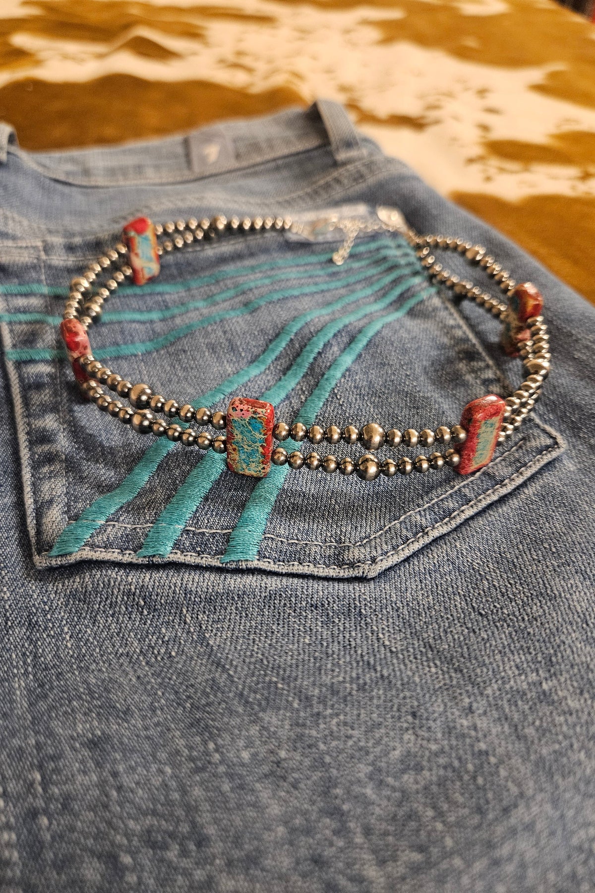 Pink/Turquoise Double Strand Necklace - 13" Beaded - Sterling Silver Pearls & Rectangle Variscite