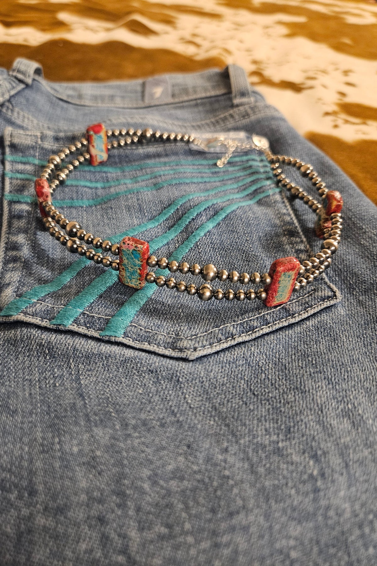 Pink/Turquoise Double Strand Necklace - 13" Beaded - Sterling Silver Pearls & Rectangle Variscite