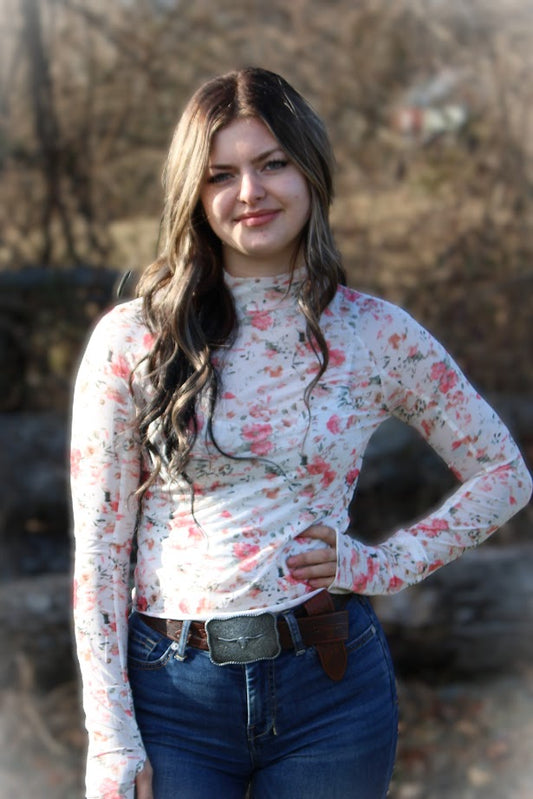 Pink Floral Mesh Long Sleeve