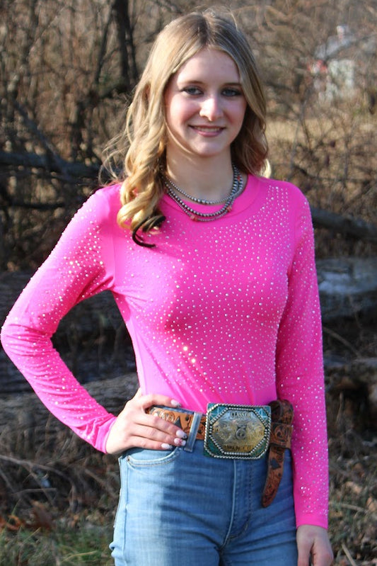 Hot Pink Rhinestone Long Sleeve Bodysuit