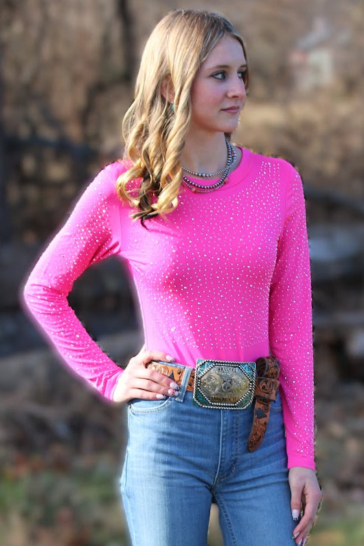Hot Pink Rhinestone Long Sleeve Bodysuit
