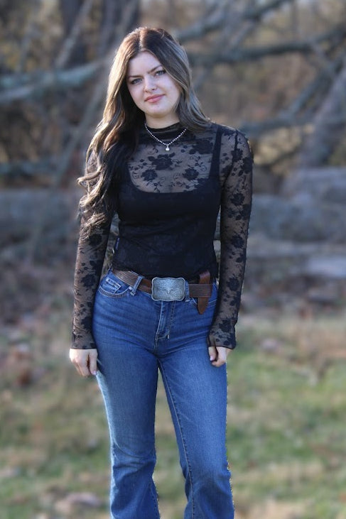 Black Floral Sheer Mesh Top