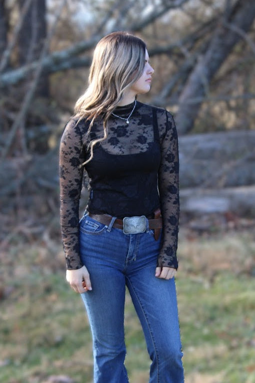 Black Floral Sheer Mesh Top
