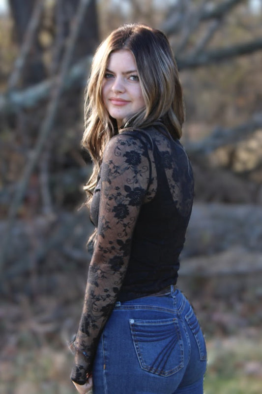 Black Floral Sheer Mesh Top