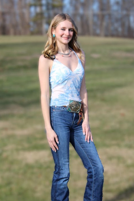 Sky Blue Vintage Printed Halter Neck Tank