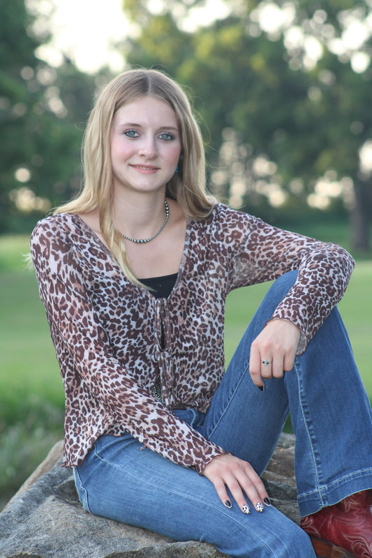 Leopard Print Sheer Mesh Long Sleeve Shirt
